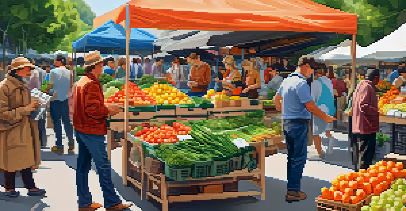 A vibrant farmer's market with vendors and customers interacting, featuring QR codes for blockchain verification.