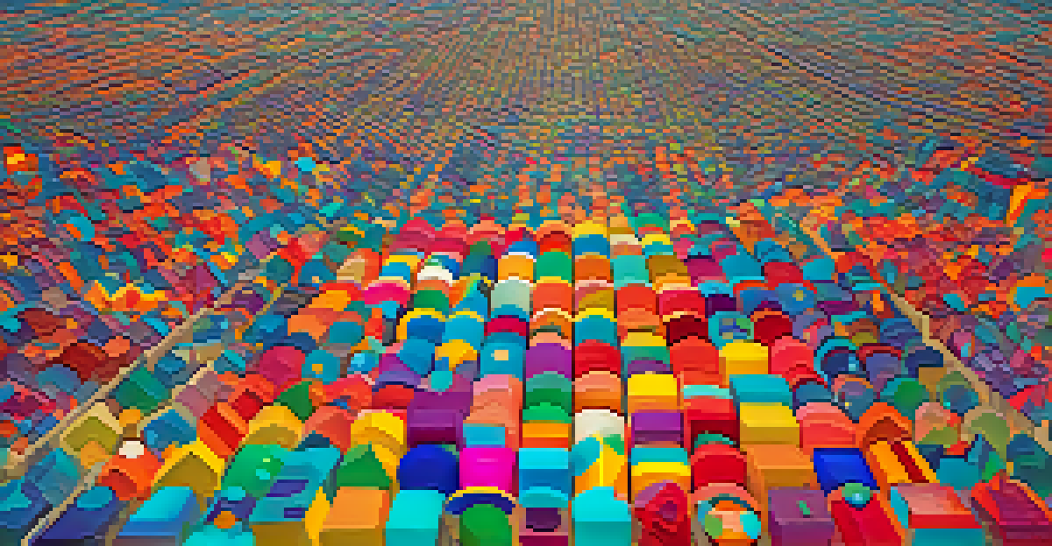 An artistic depiction of the cryptocurrency market with colorful geometric tokens in a digital space and binary code.