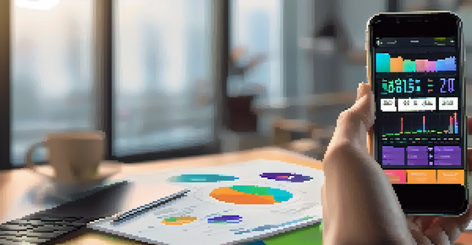 A close-up of a hand holding a smartphone with a yield farming dashboard, set in a modern workspace with a laptop and plants.