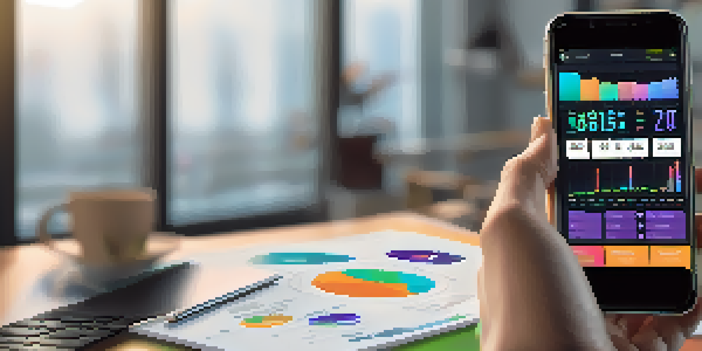 A close-up of a hand holding a smartphone with a yield farming dashboard, set in a modern workspace with a laptop and plants.