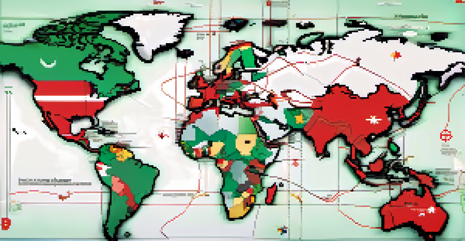 A world map illustrating different countries' cryptocurrency regulations with green and red highlights.