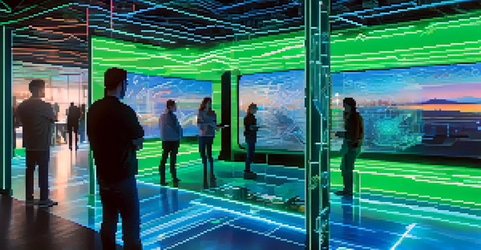 A digital landscape with floating holographic displays of smart contracts and people interacting with technology.