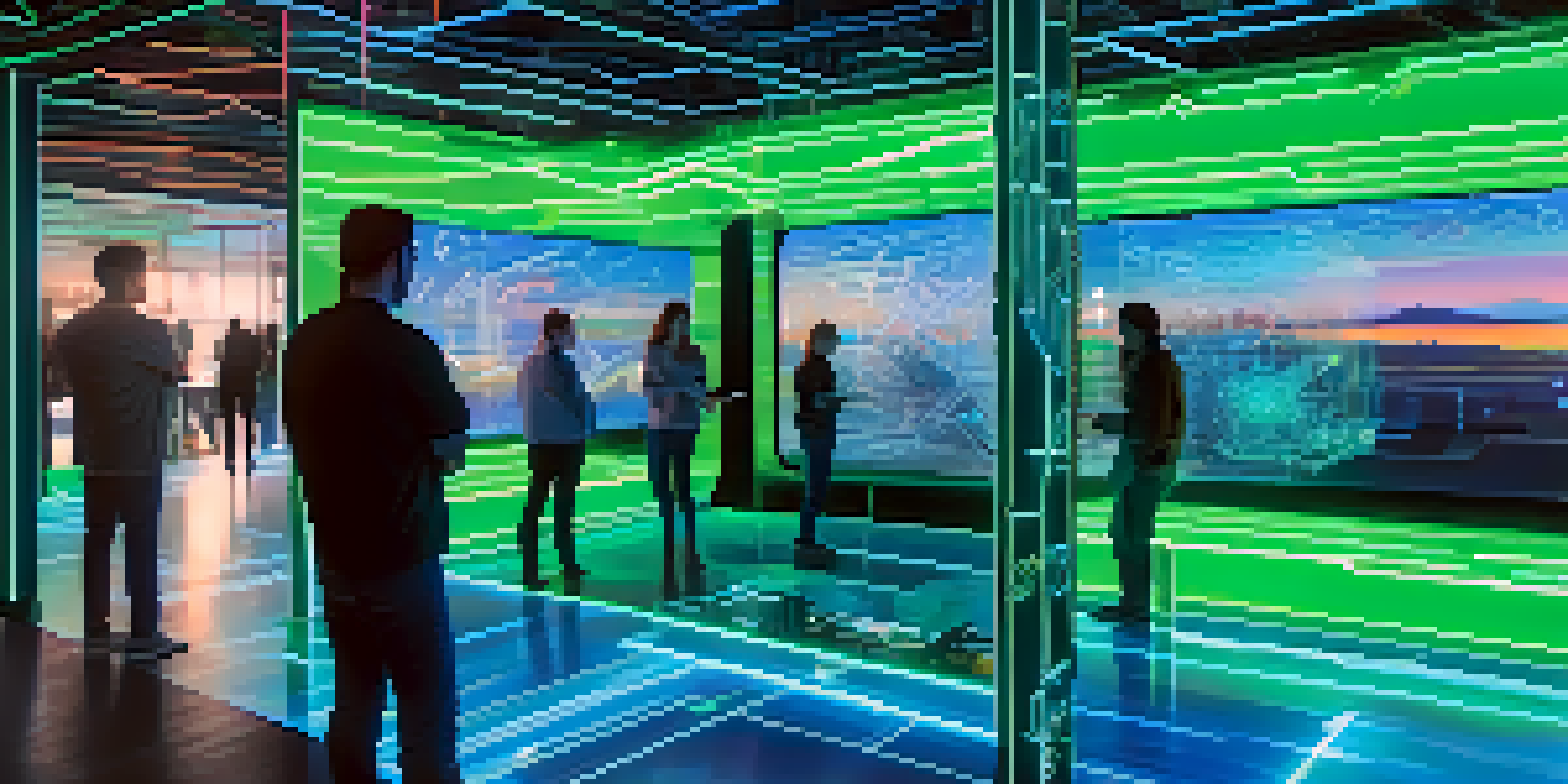 A digital landscape with floating holographic displays of smart contracts and people interacting with technology.