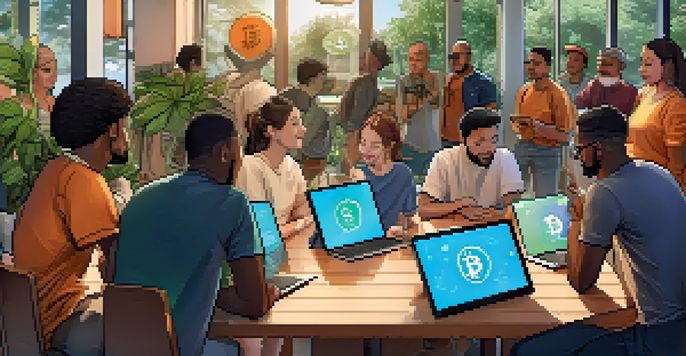 A diverse group of people in a community center discussing cryptocurrency donations around a digital screen.