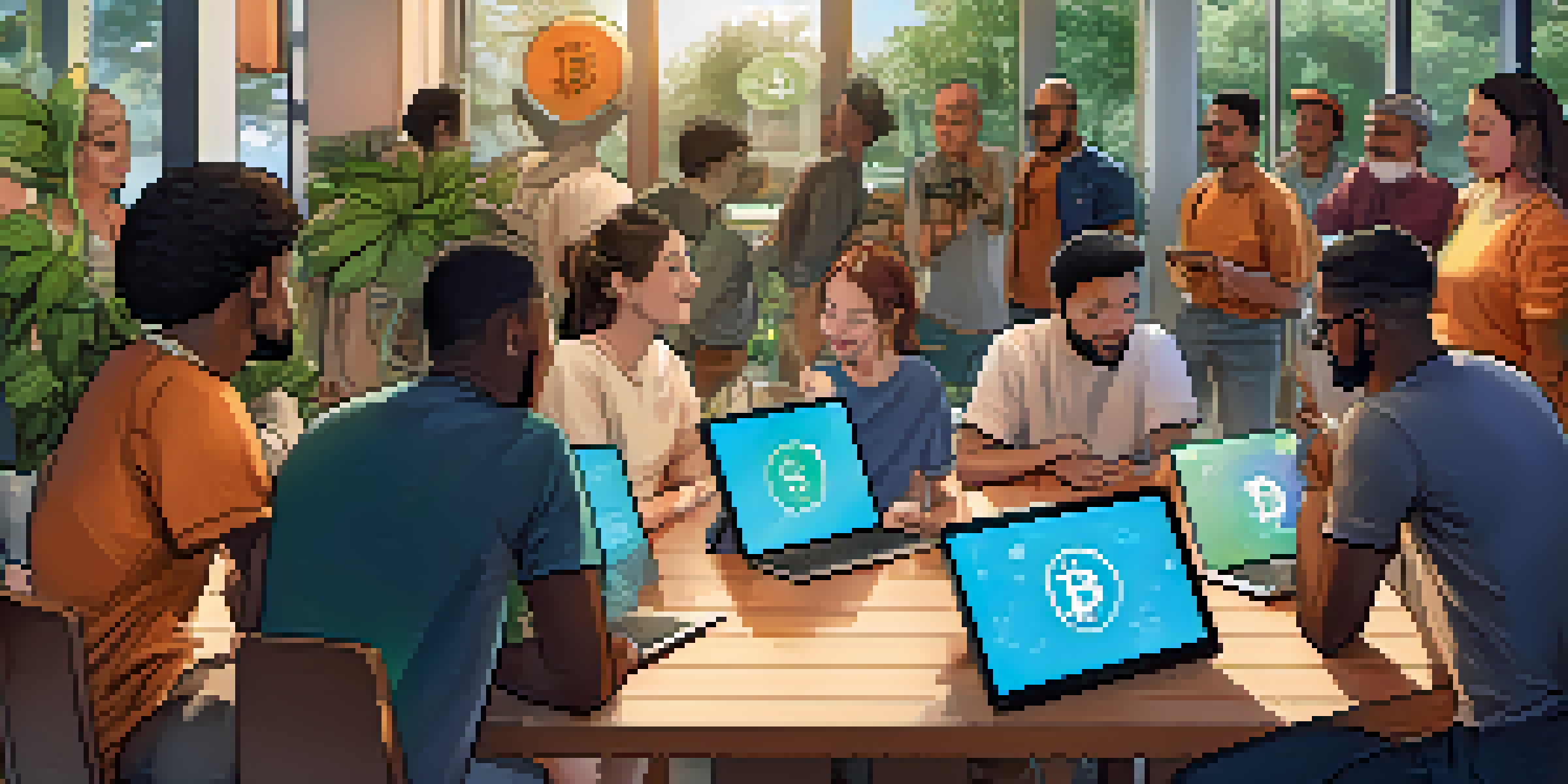 A diverse group of people in a community center discussing cryptocurrency donations around a digital screen.