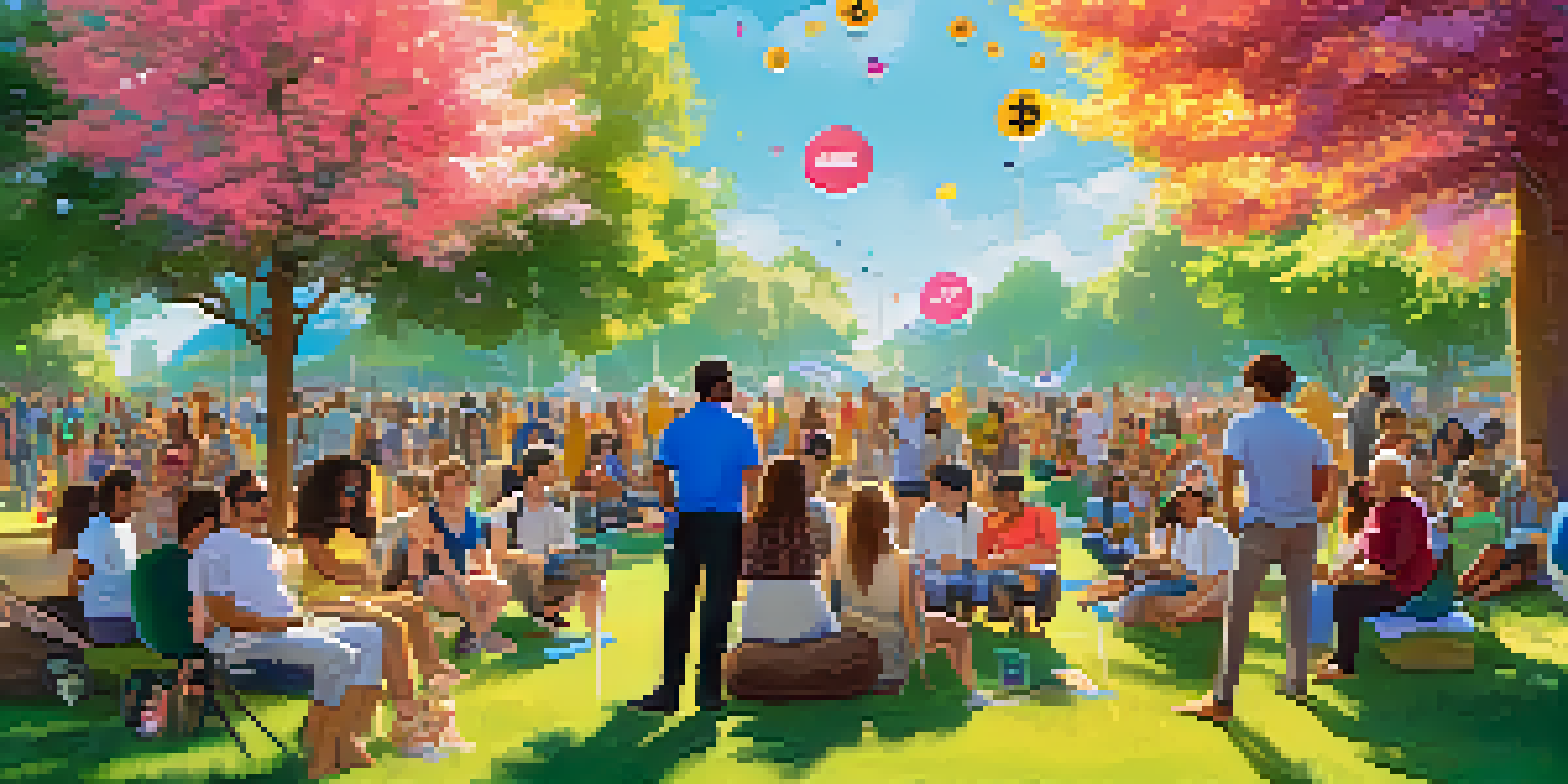 A diverse group of people participating in a community event about cryptocurrency donations in a sunny park, surrounded by greenery and colorful banners.