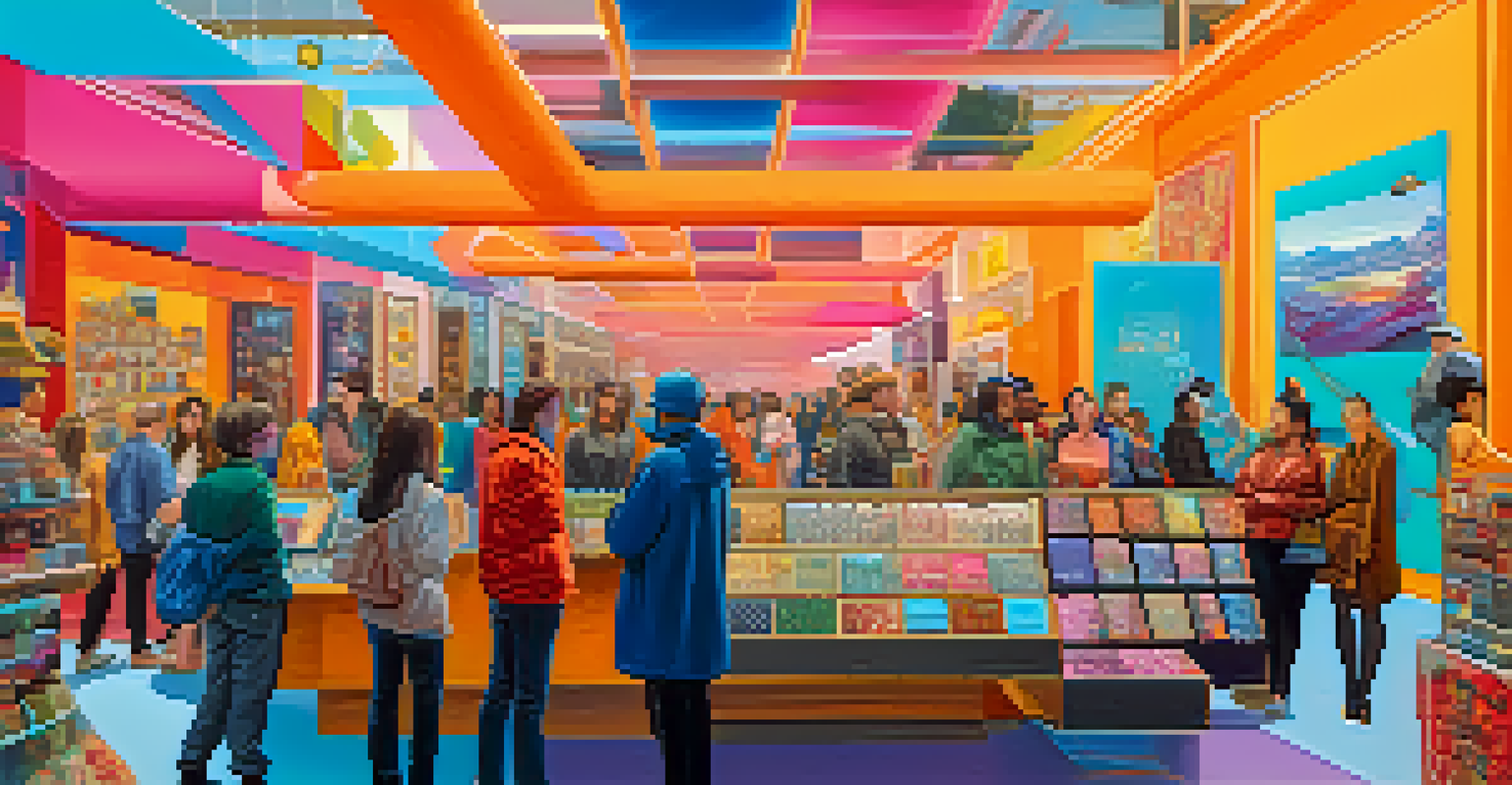 A digital marketplace filled with avatars of artists and collectors engaging in art transactions, surrounded by colorful artworks and cryptocurrency symbols.