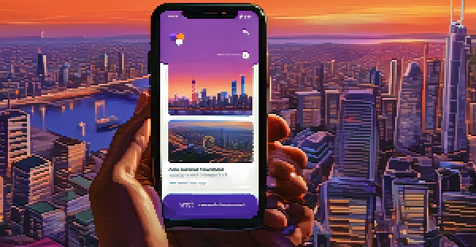A smartphone displaying a colorful social media feed about cryptocurrency, held by a diverse group of excited people against a blurred city skyline at dusk.