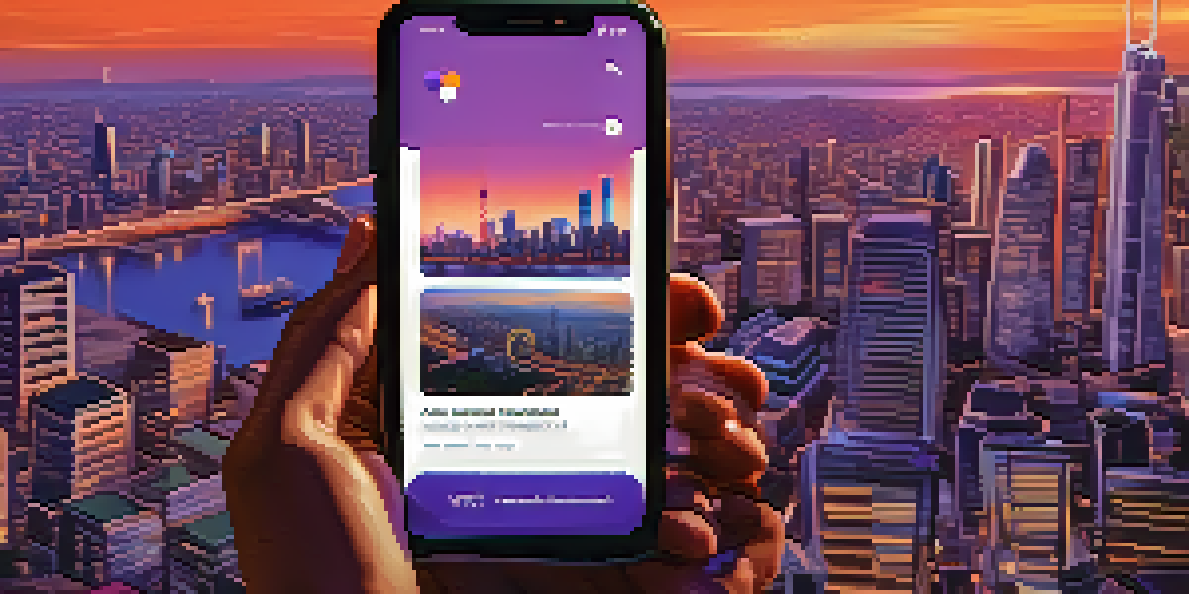A smartphone displaying a colorful social media feed about cryptocurrency, held by a diverse group of excited people against a blurred city skyline at dusk.