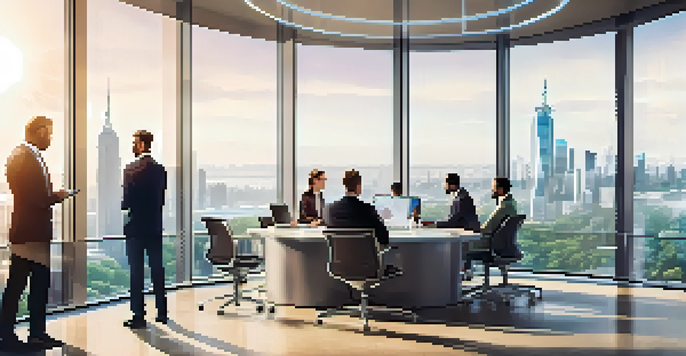 A diverse group of professionals in a modern office environment, discussing digital data with blockchain graphics on screens and a city skyline outside the windows.