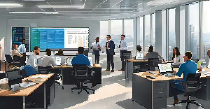 A diverse group of employees in a bright office space participating in a data security training session with laptops and motivational posters.