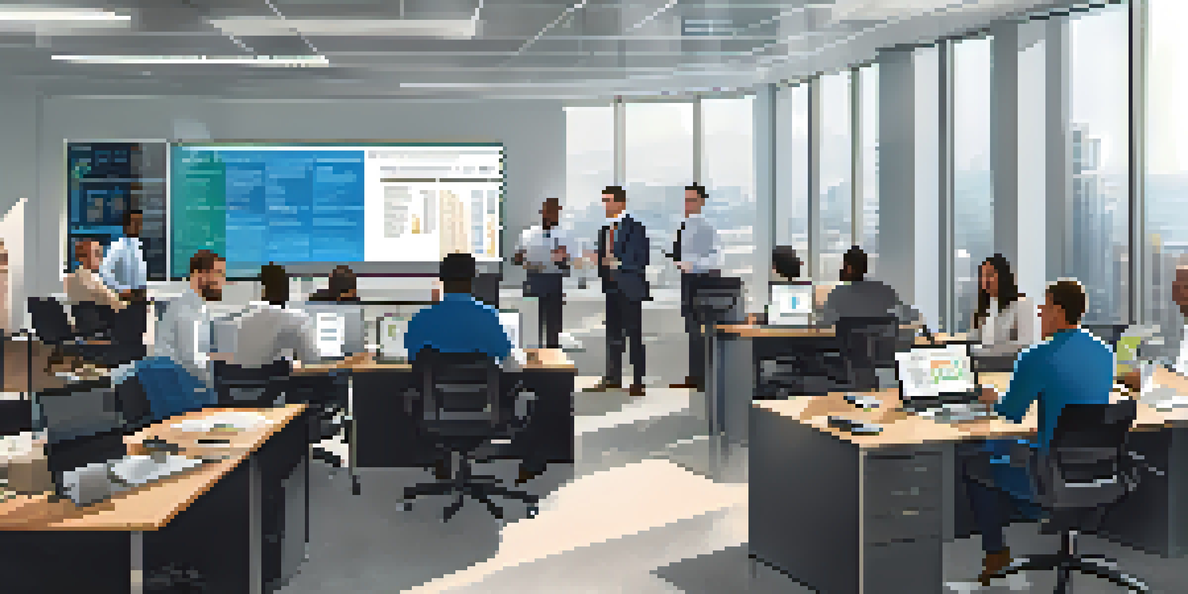 A diverse group of employees in a bright office space participating in a data security training session with laptops and motivational posters.