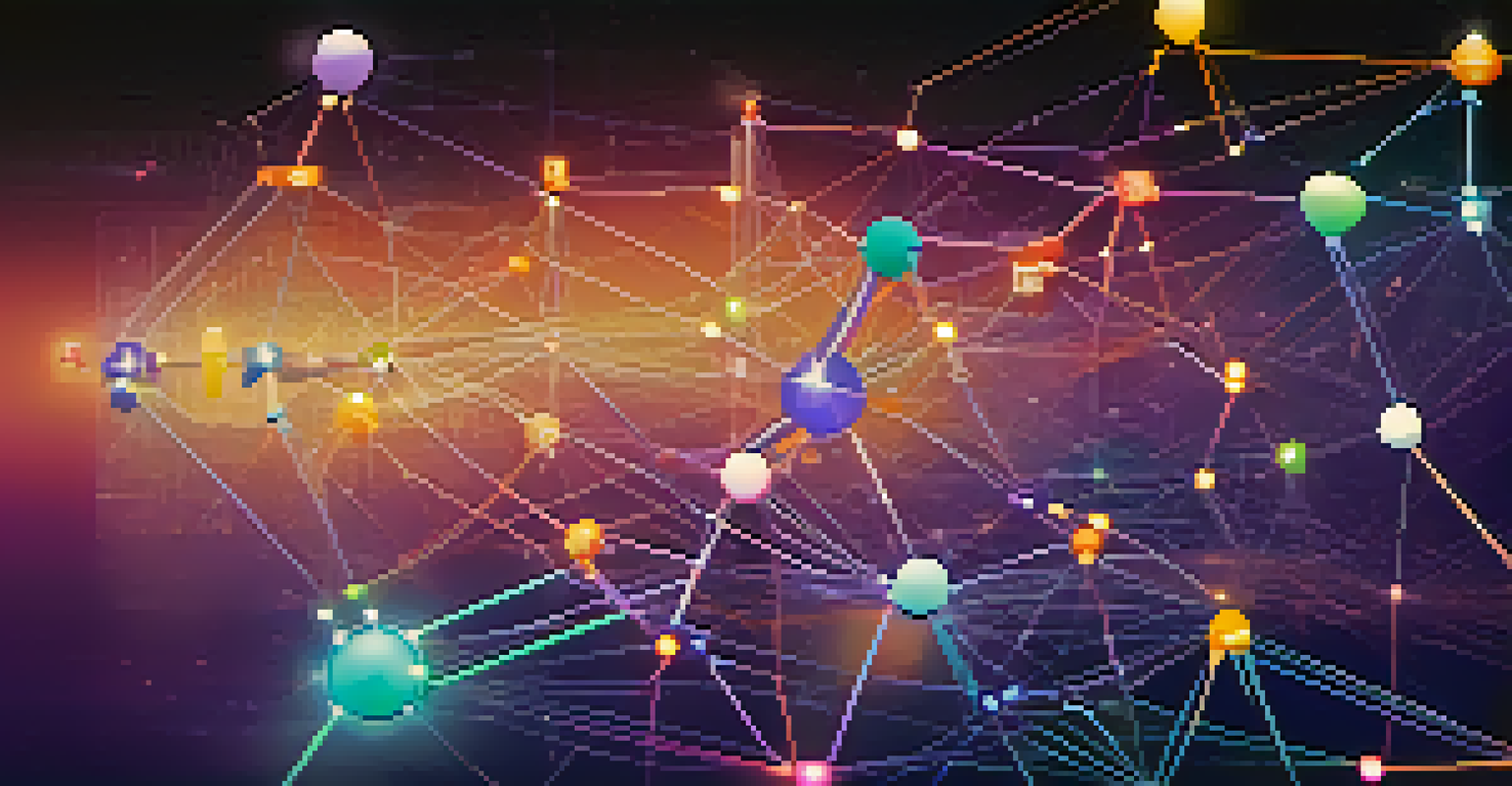 An illustration of interconnected nodes representing a decentralized autonomous organization (DAO) with glowing effects in a cool color gradient background.