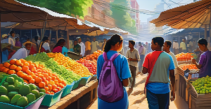 A busy market with colorful stalls where people are using smartphones for cryptocurrency transactions.