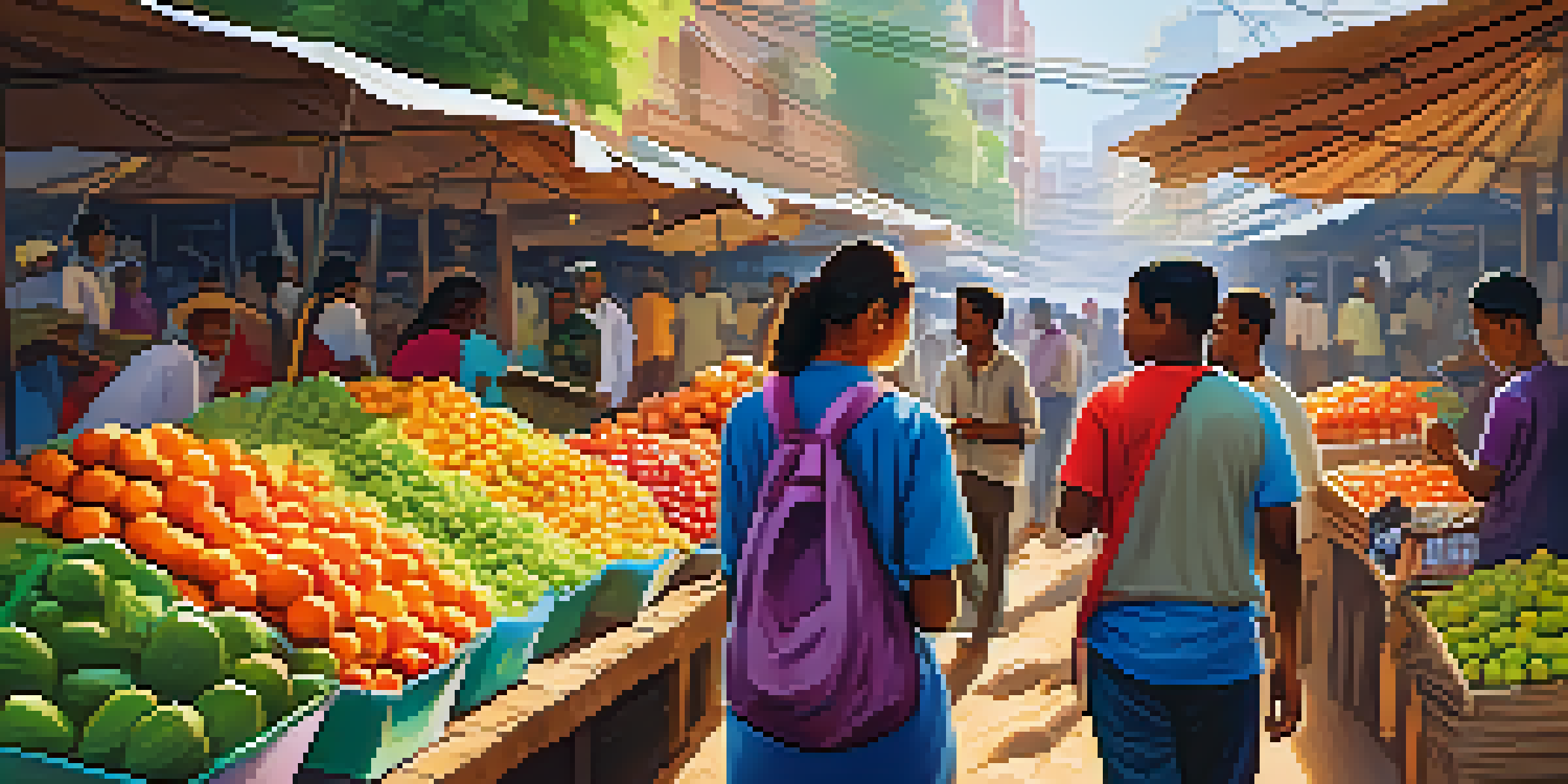 A busy market with colorful stalls where people are using smartphones for cryptocurrency transactions.