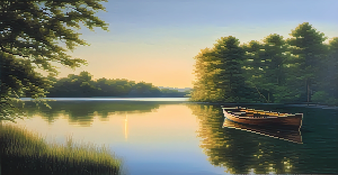 A peaceful lake scene with trees and a setting sun reflecting on the water.