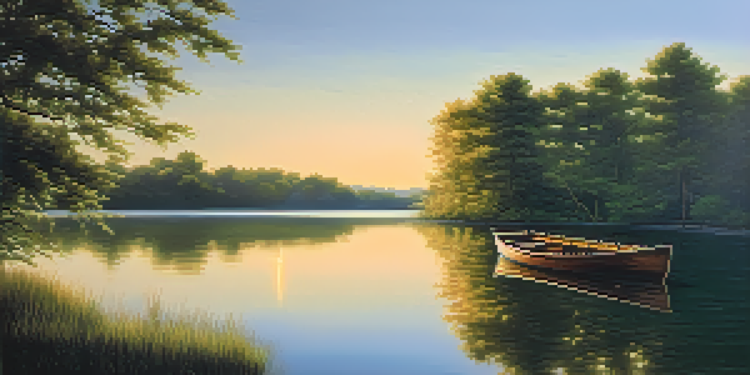A peaceful lake scene with trees and a setting sun reflecting on the water.