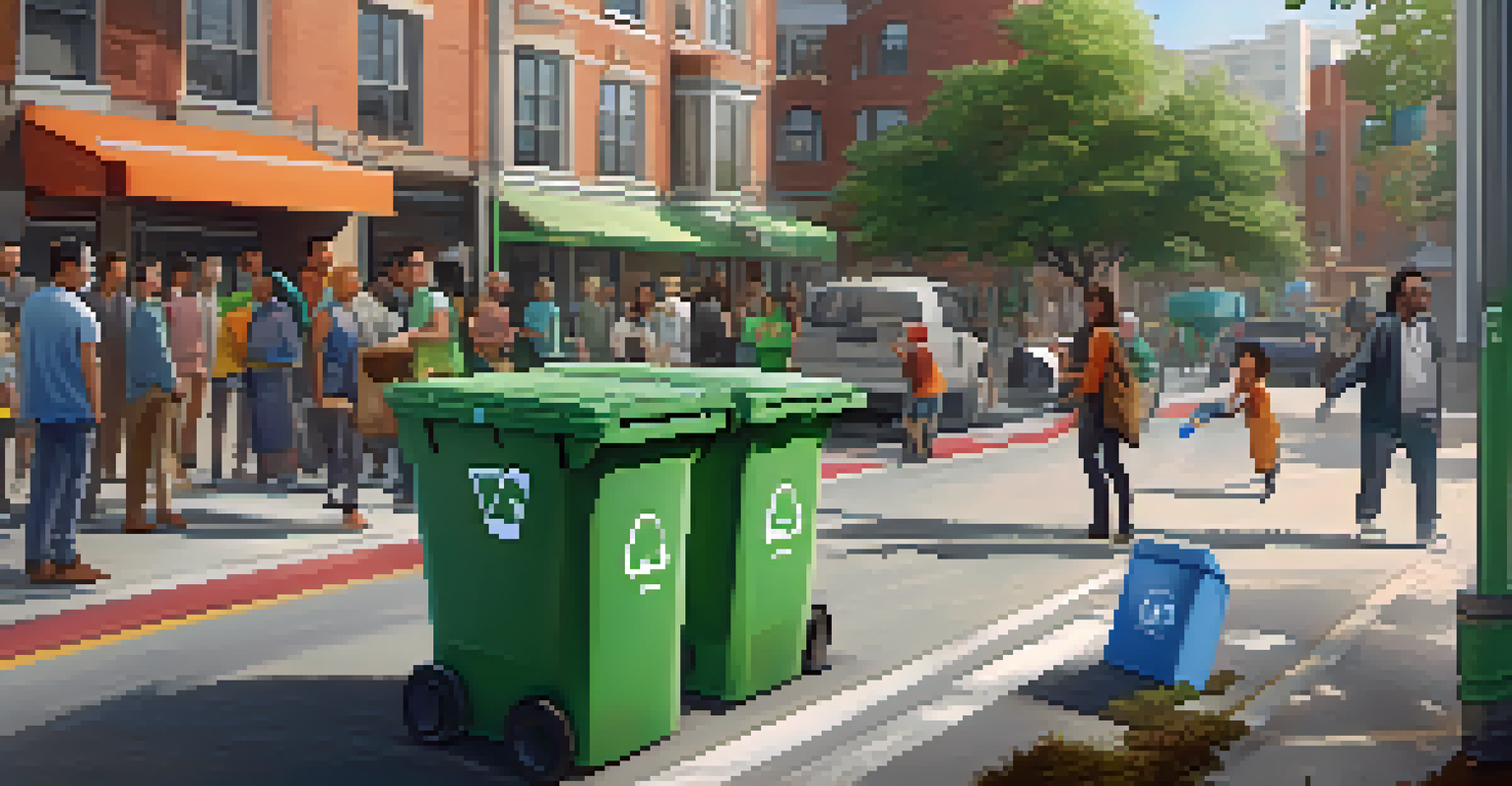 An urban scene showing smart waste management with sensors on bins and a collection truck, promoting recycling.