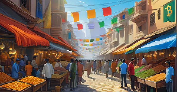 A lively Indian marketplace showcasing vendors selling cryptocurrencies with colorful digital screens and people engaging in transactions.