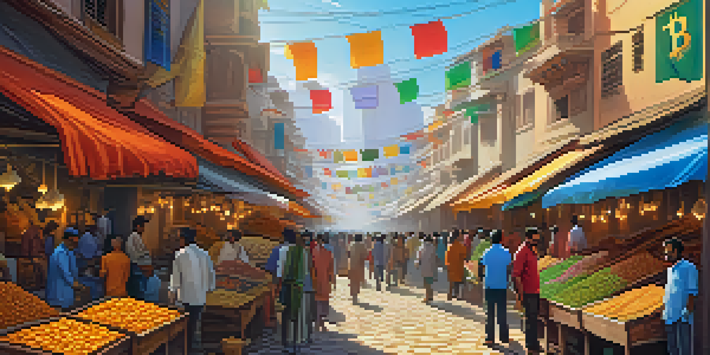 A lively Indian marketplace showcasing vendors selling cryptocurrencies with colorful digital screens and people engaging in transactions.