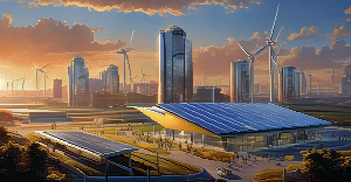 A modern cryptocurrency mining facility in an urban setting at sunset, surrounded by renewable energy sources.