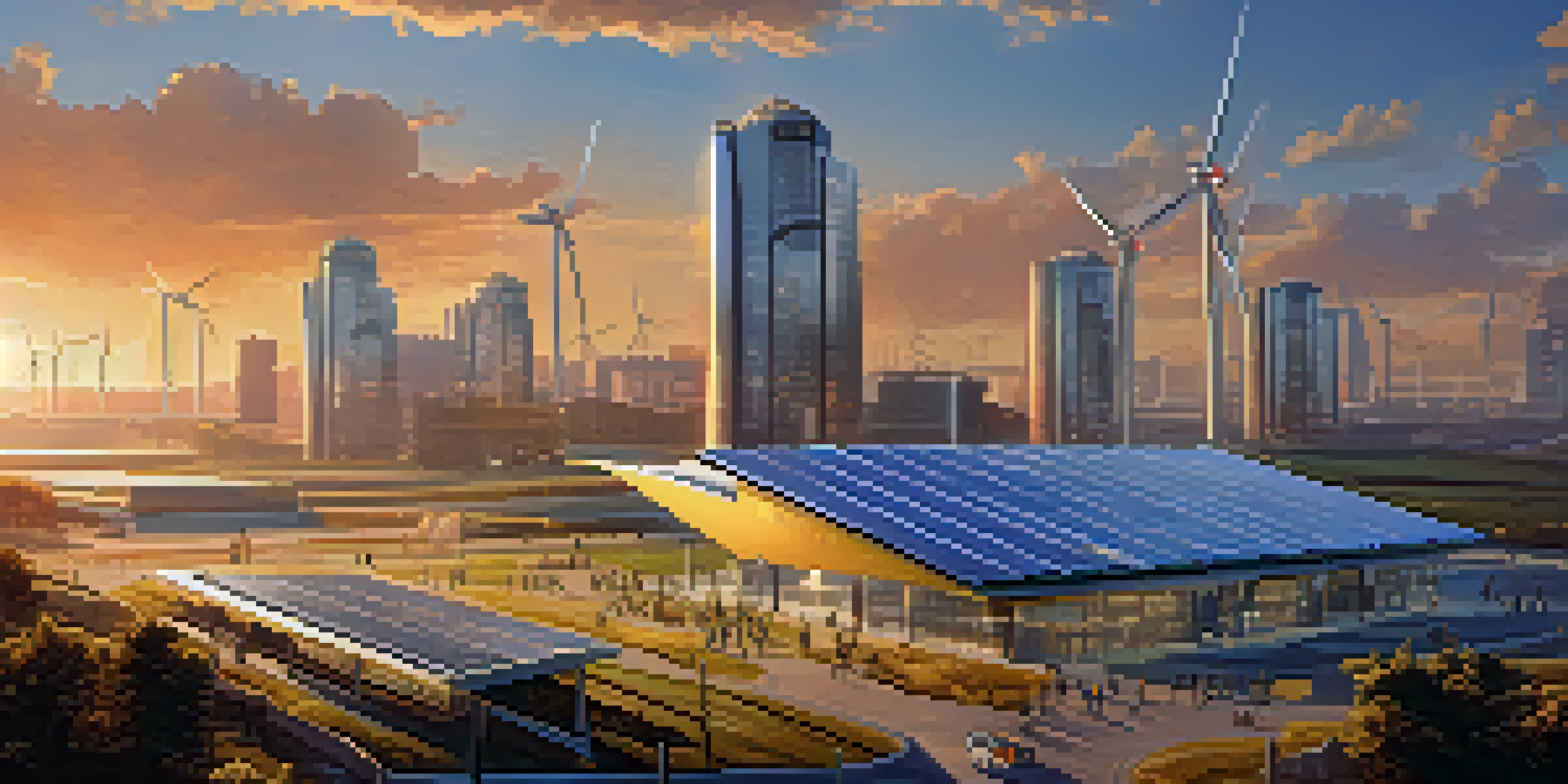 A modern cryptocurrency mining facility in an urban setting at sunset, surrounded by renewable energy sources.