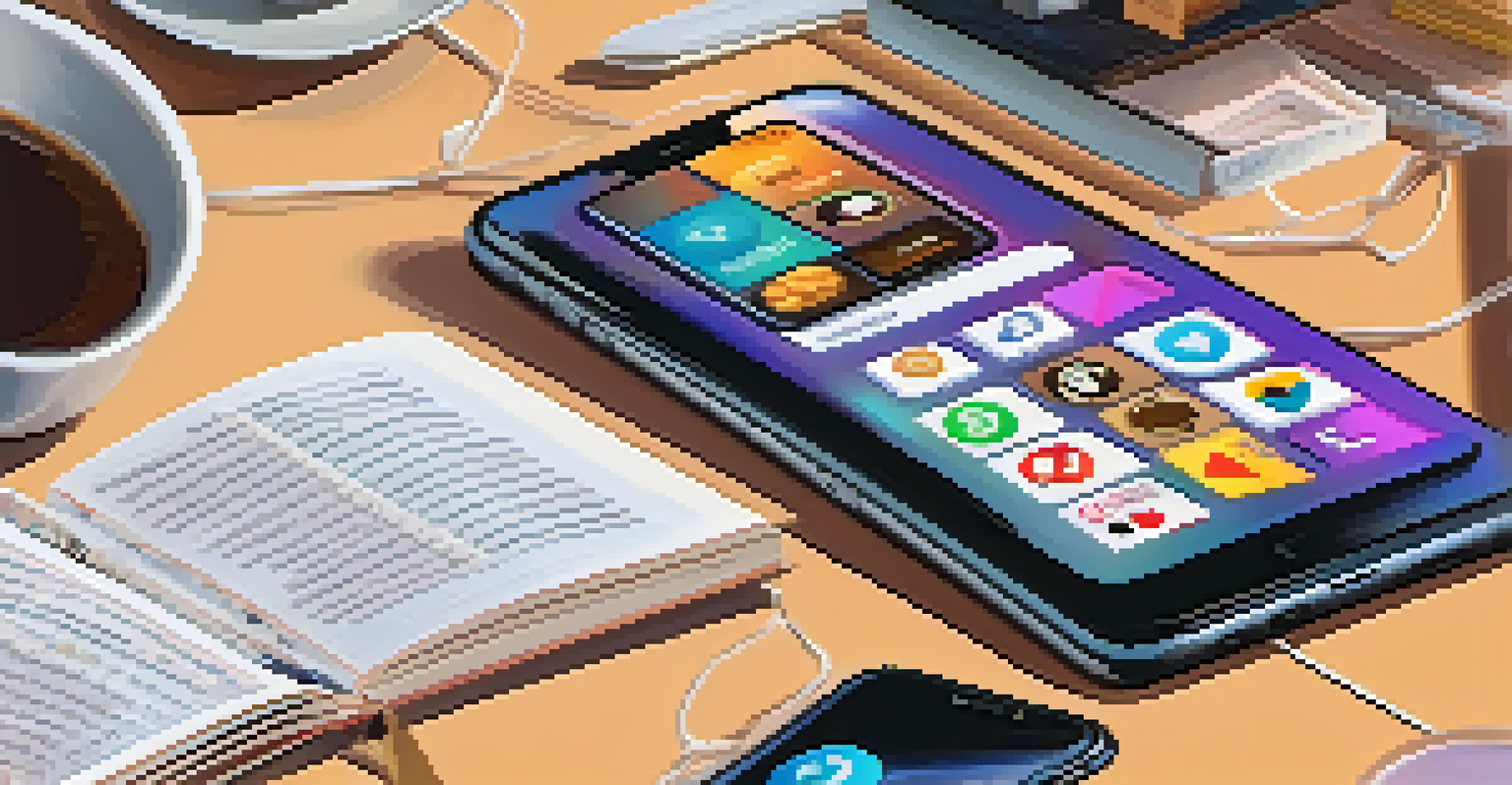 A smartphone showing a social media feed with exaggerated cryptocurrency claims, surrounded by a trader's workspace.