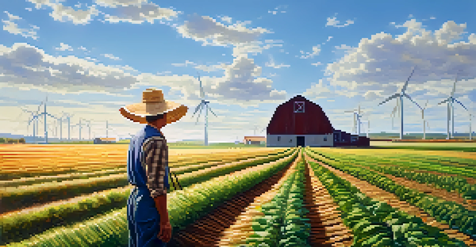 A farmer in a field with crops, solar panels, and wind turbines in the background, under a clear blue sky.