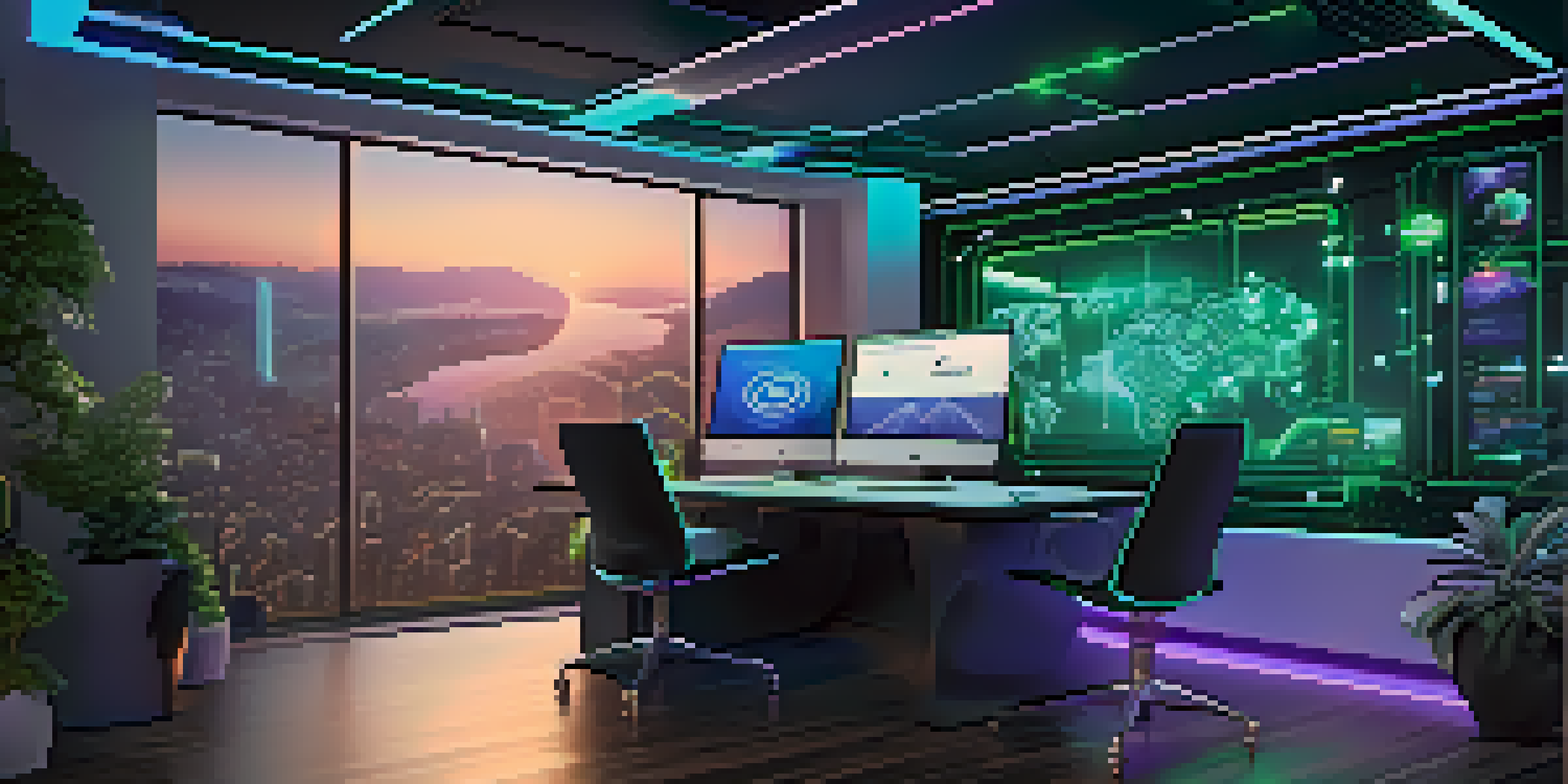 A modern workspace with holographic screens showing blockchain transactions and cryptocurrency trends in a futuristic setting.