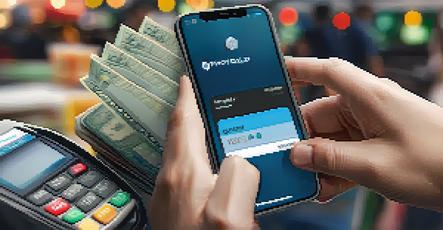 Close-up of hands holding a smartphone displaying a digital wallet with cryptocurrency balances, set against a blurred market background.