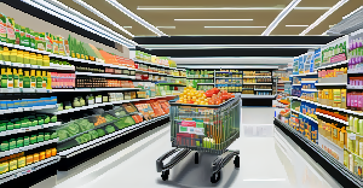A well-organized supermarket aisle with shelves full of groceries and shoppers with carts.