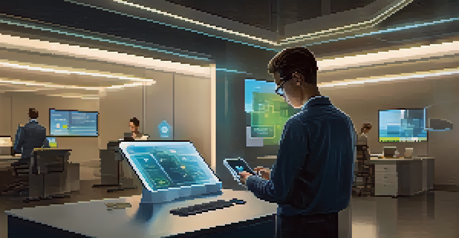 A person in a modern office using a digital device to manage their identity, with a blockchain interface visible on the screen.