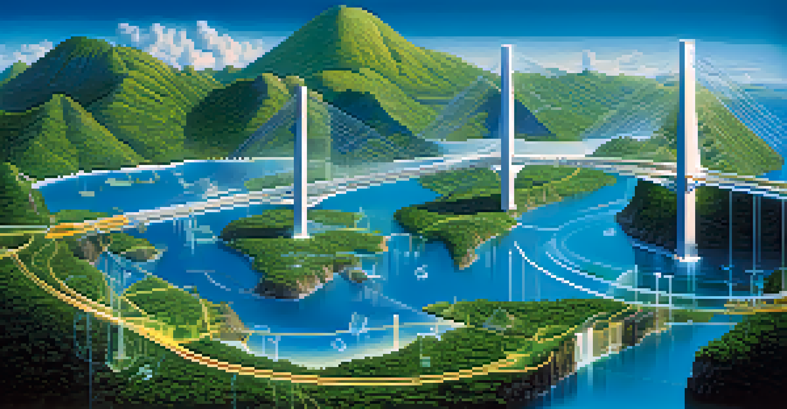 Three interconnected islands representing different types of blockchain interoperability, with glowing bridges and data streams.