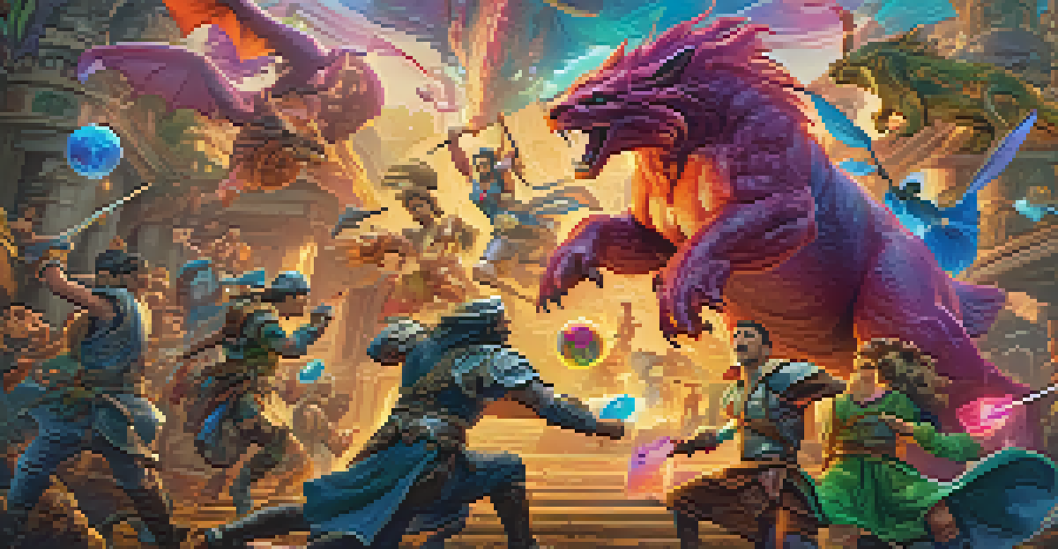 Players battling fantastical creatures in a dynamic play-to-earn gaming scene with floating tokens.