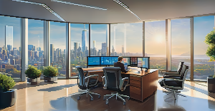 A contemporary hedge fund office with large windows, showcasing a city skyline and professionals discussing cryptocurrency market data.
