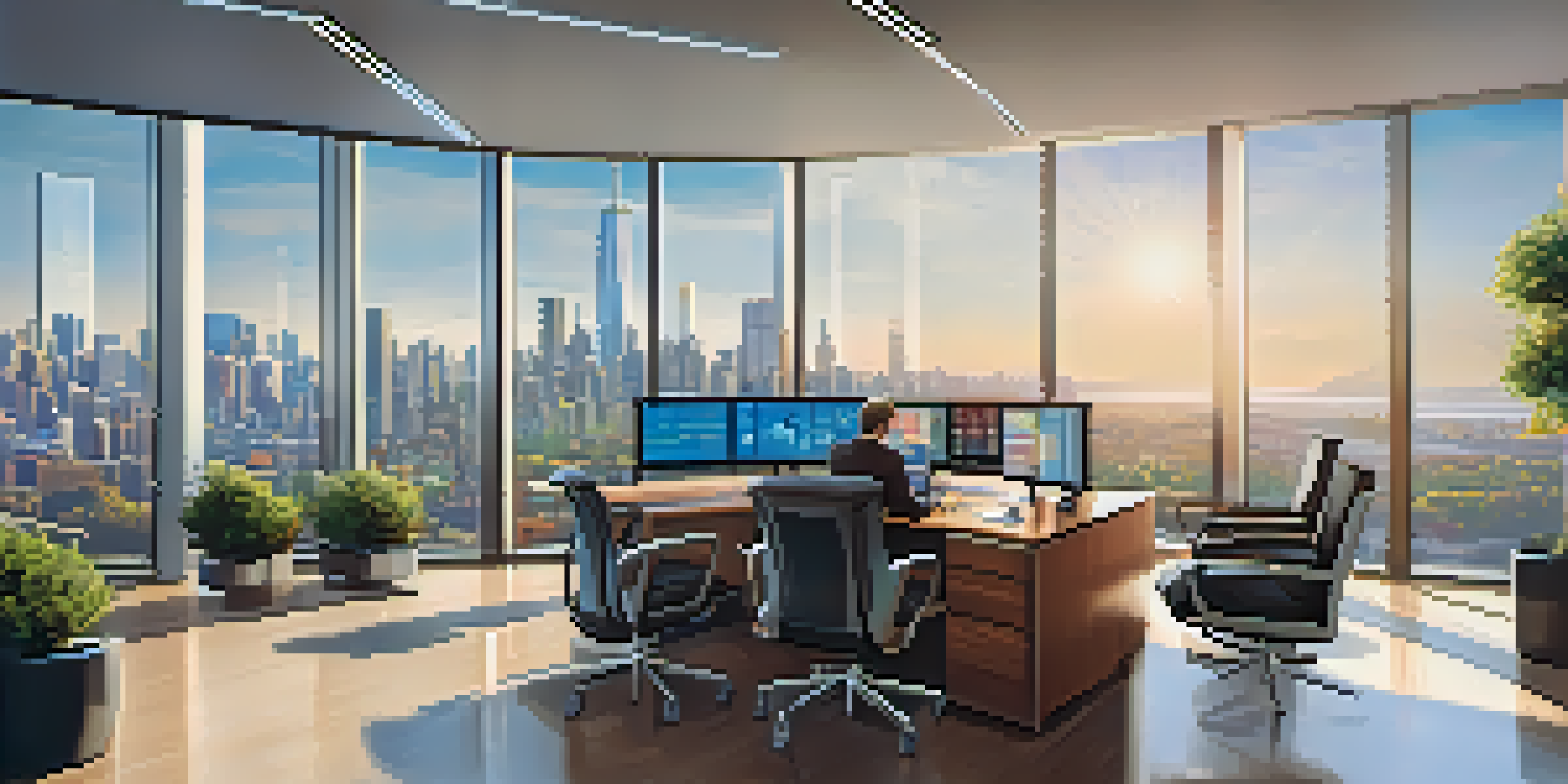 A contemporary hedge fund office with large windows, showcasing a city skyline and professionals discussing cryptocurrency market data.