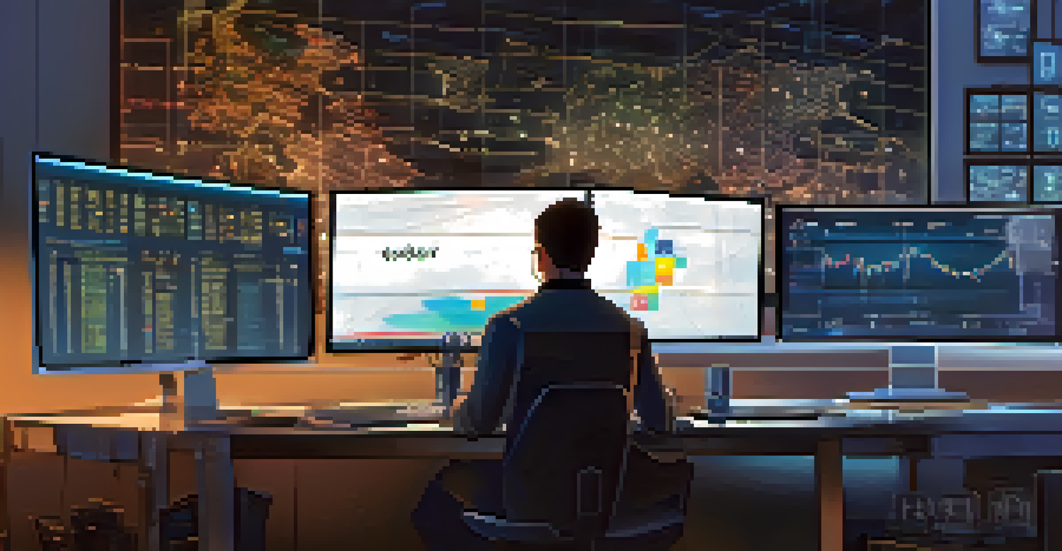 A person at a modern desk with multiple screens showing cryptocurrency charts, illuminated by soft ambient light.