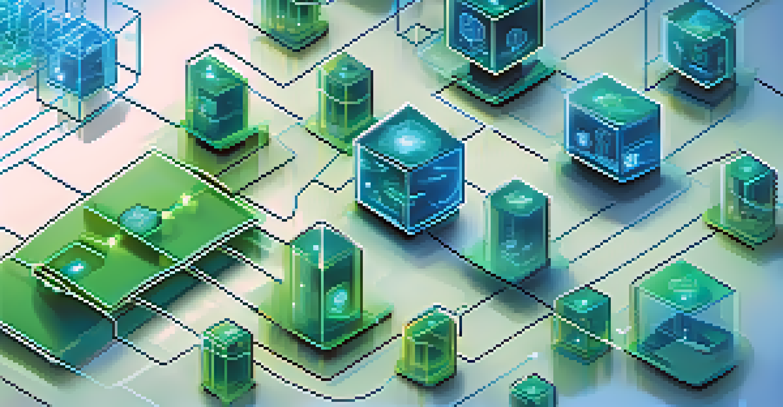 An artistic depiction of a blockchain ledger with interconnected nodes and a digital padlock in the foreground, set against a blue and green gradient background.