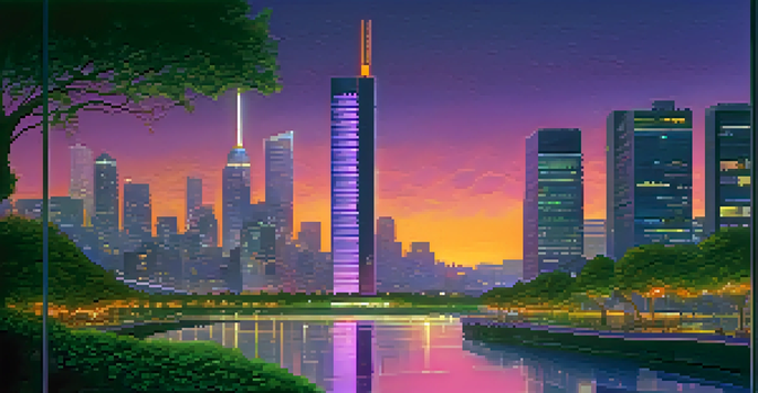 A vibrant futuristic cityscape at dusk with modern buildings and greenery, illuminated by neon lights reflecting in a river.