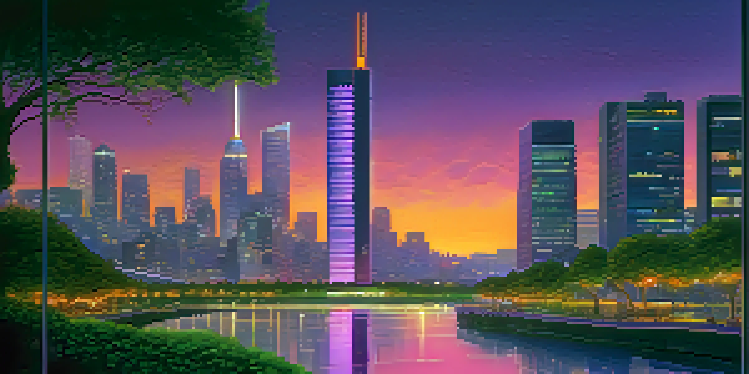 A vibrant futuristic cityscape at dusk with modern buildings and greenery, illuminated by neon lights reflecting in a river.