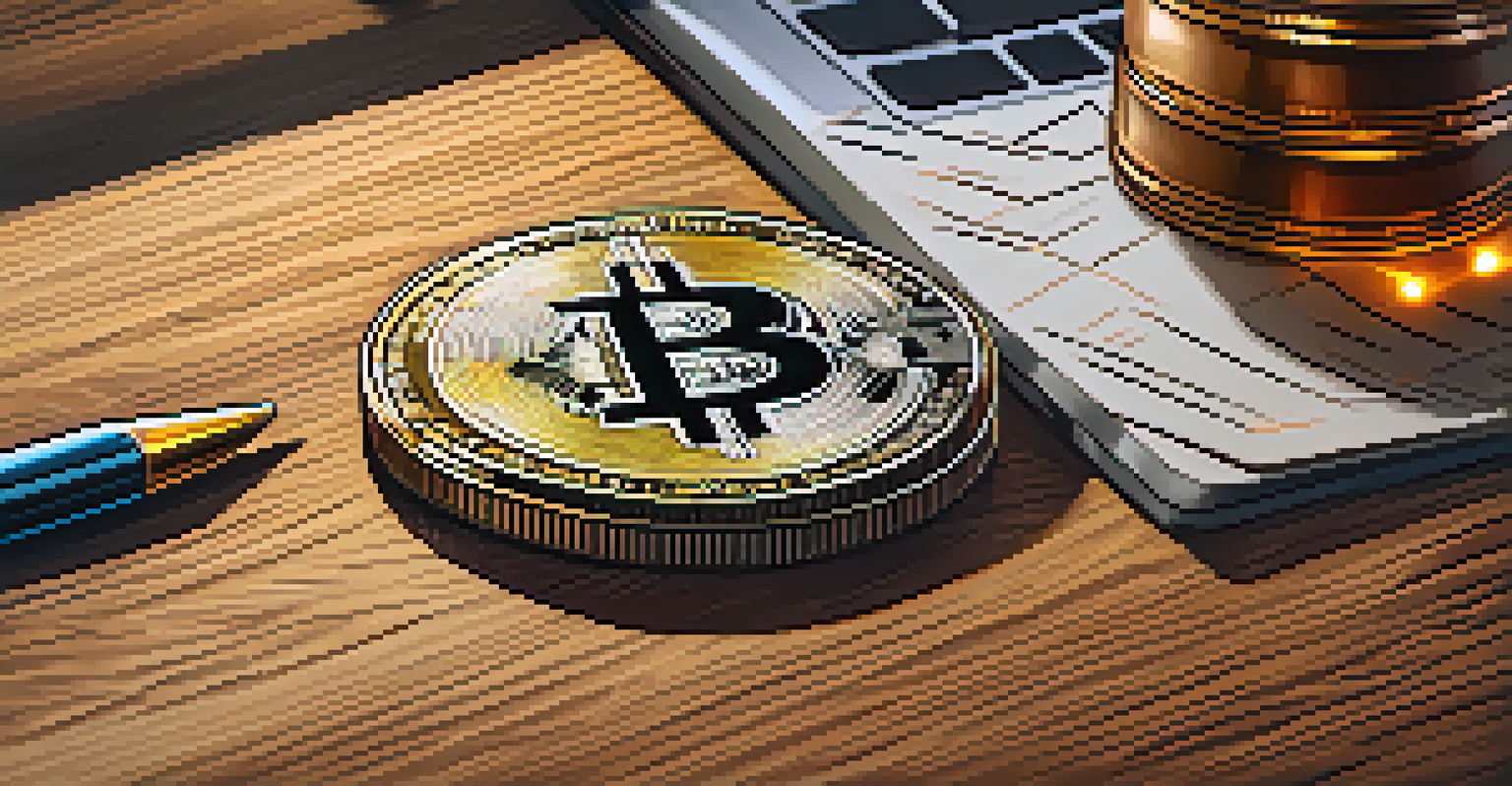 A close-up of a Bitcoin coin on a wooden table among financial documents and a laptop.