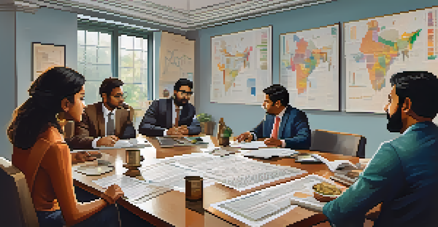 A group of Indian investors discussing cryptocurrency regulations at a table with papers and laptops in a modern room.