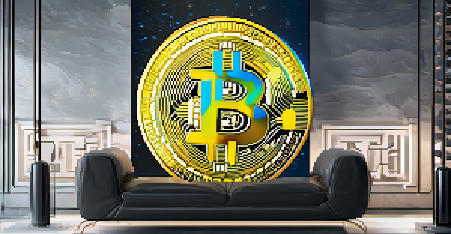 A detailed view of digital art on a screen with cryptocurrency symbols in the background, set in a modern, stylish environment.