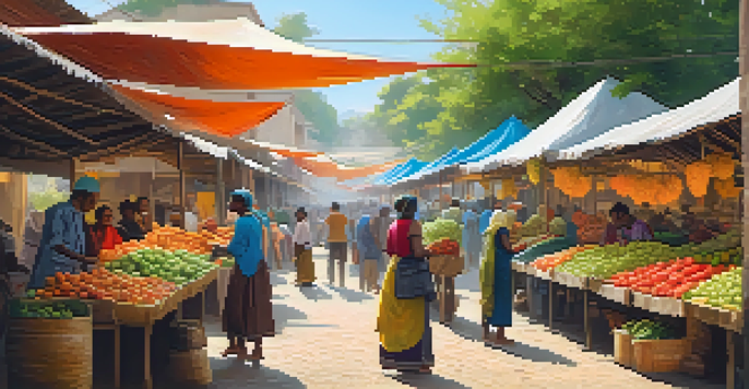A bustling market filled with people trading colorful fruits and vegetables and handmade goods under the sunlight.