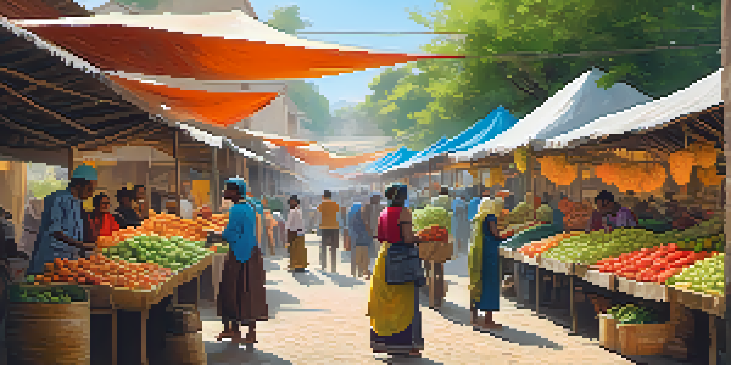 A bustling market filled with people trading colorful fruits and vegetables and handmade goods under the sunlight.