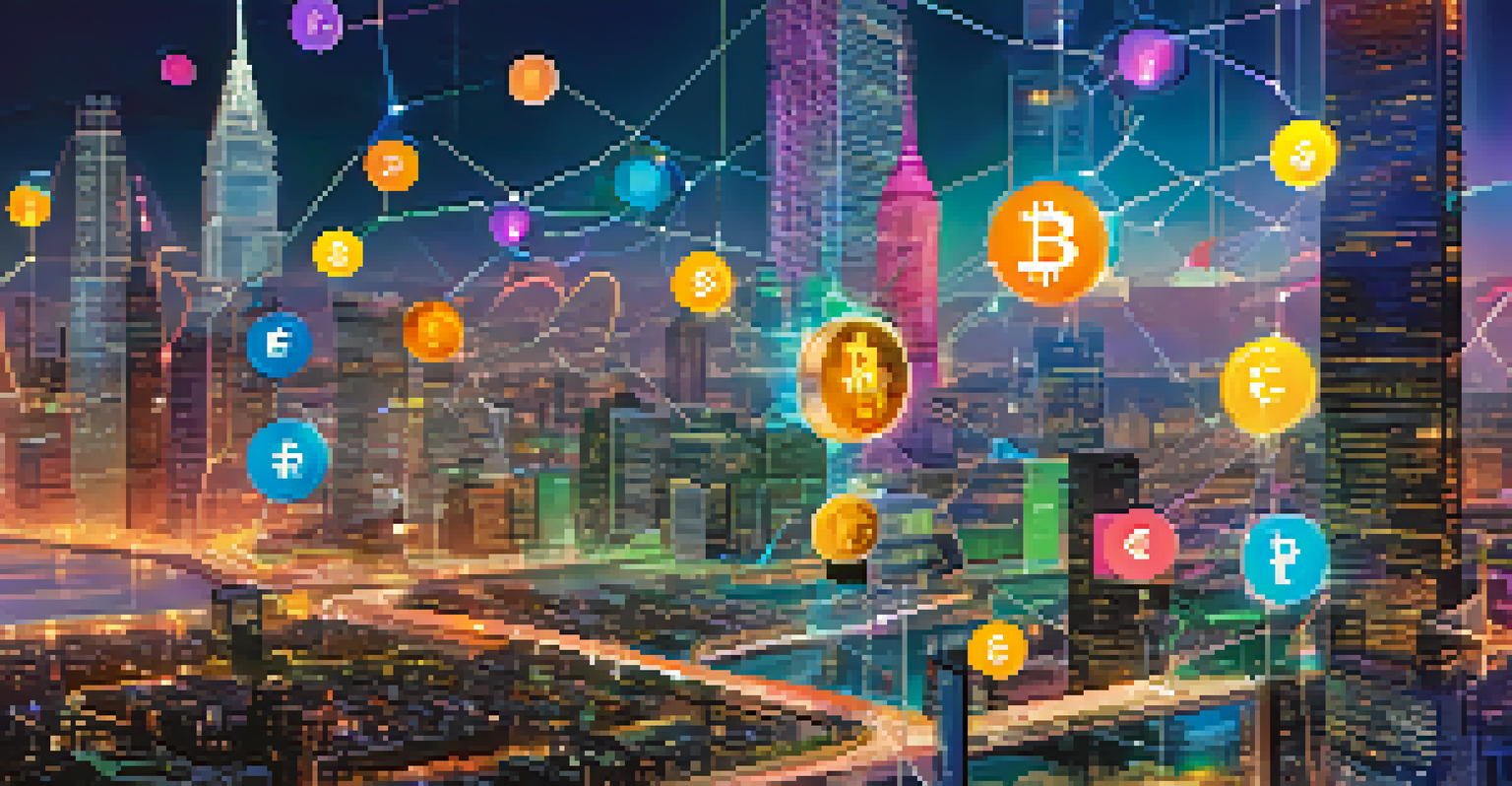 A colorful illustration of decentralized finance with floating digital coins and a futuristic city in the background.