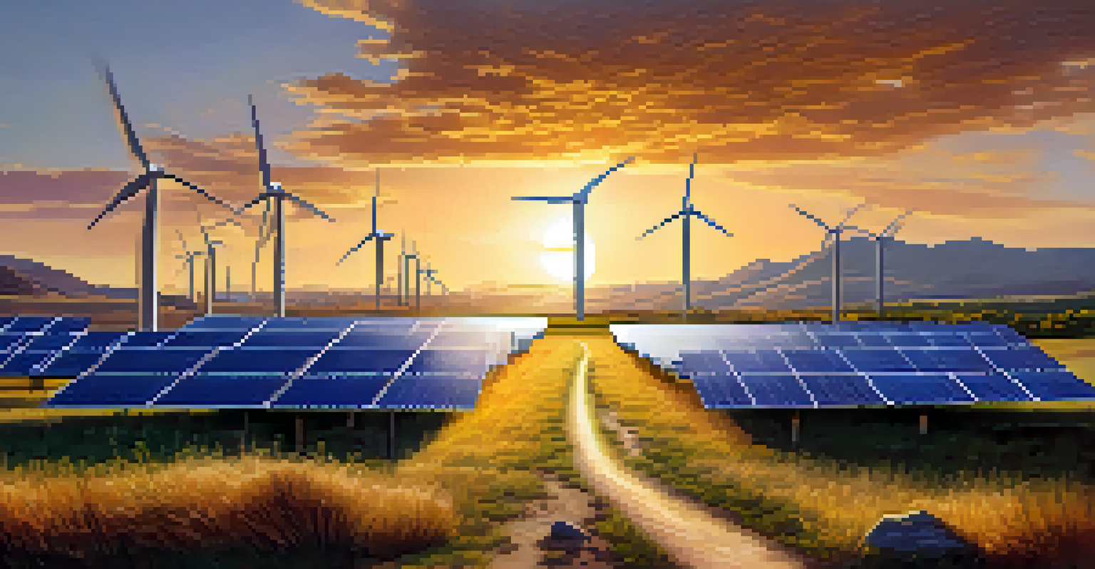 A landscape showing renewable energy sources like solar panels and wind turbines powering a cryptocurrency mining facility.