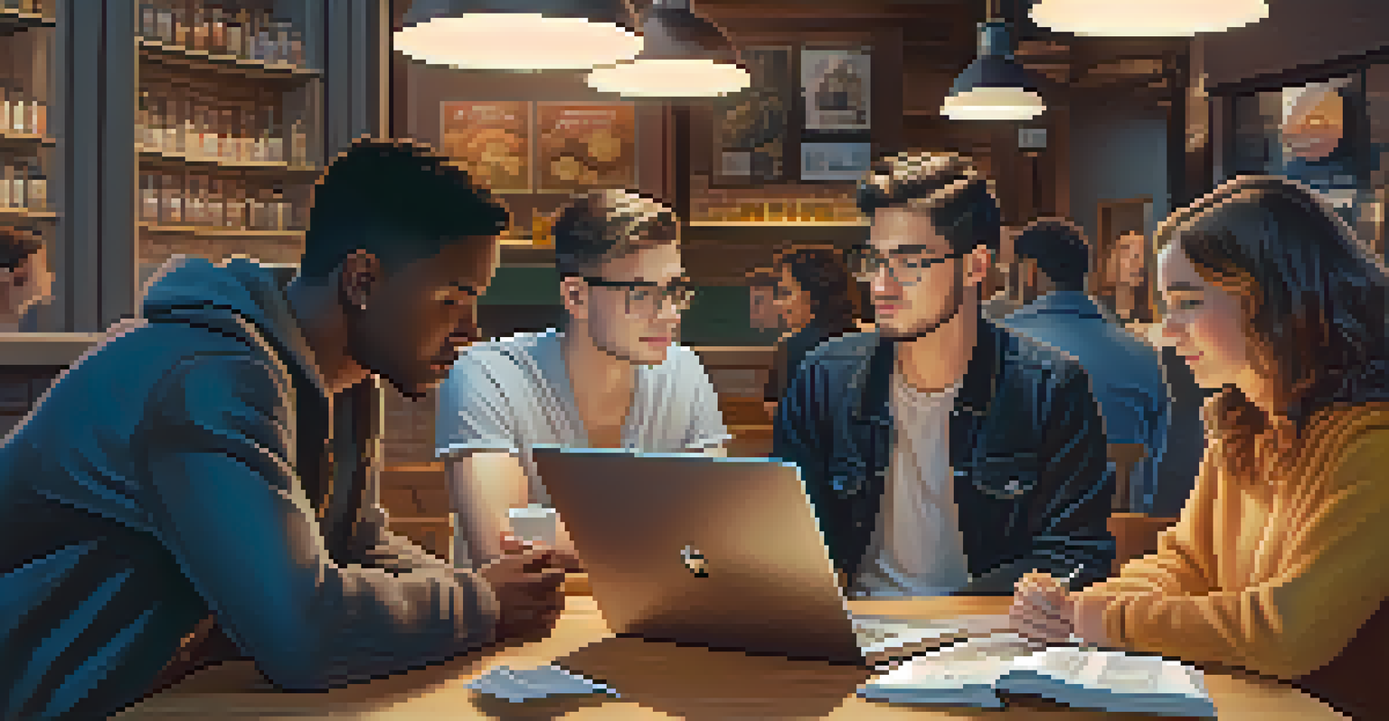 A group of young adults in a café watching an influencer explain cryptocurrency on a laptop, with notes and coffee cups around them.