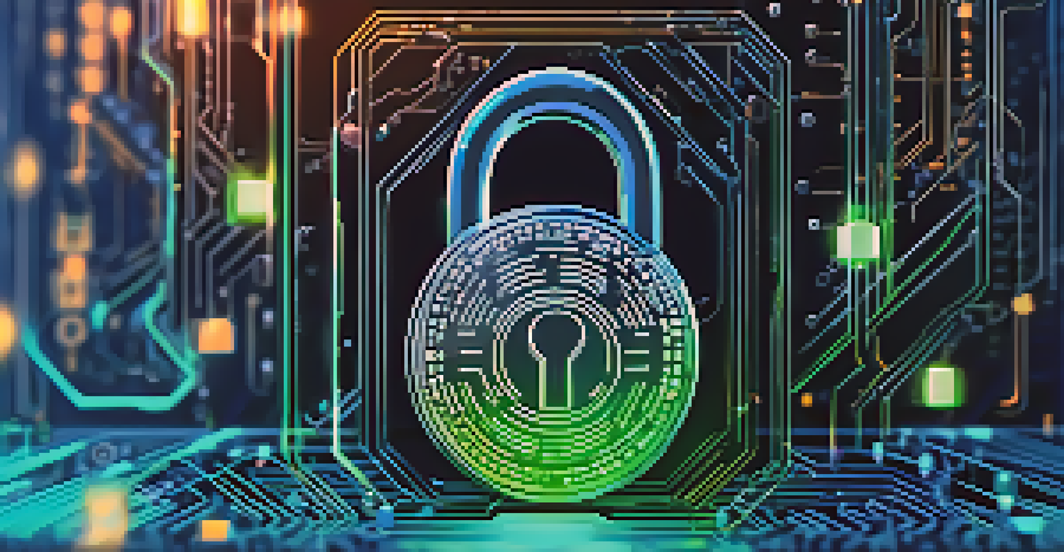 An abstract digital illustration of cybersecurity in cryptocurrency with a locked padlock and binary code.