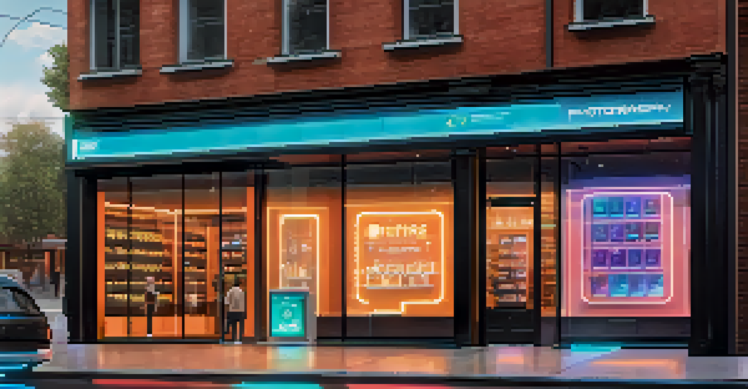 A modern storefront with a digital display advertising a cryptocurrency rewards program. Customers interact with the display while cryptocurrency symbols float above.